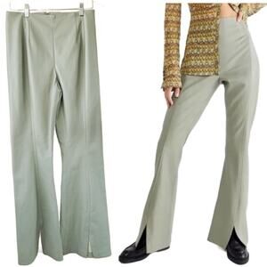 Free People Real Deal Vegan Leather High Rise Flare Slit Pants Sz 29 Sage Green